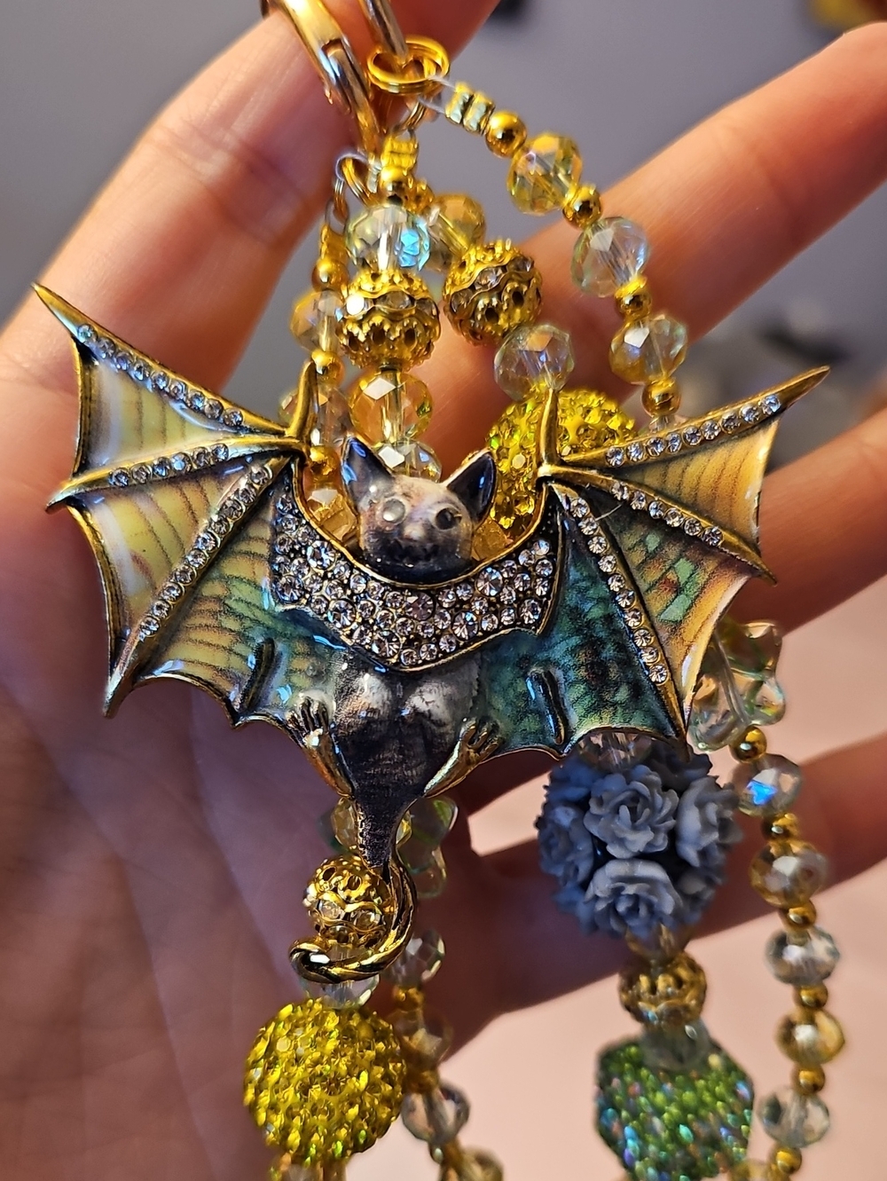 Gold Bat Pendant Purse Charm with Green and Yellow Crystals